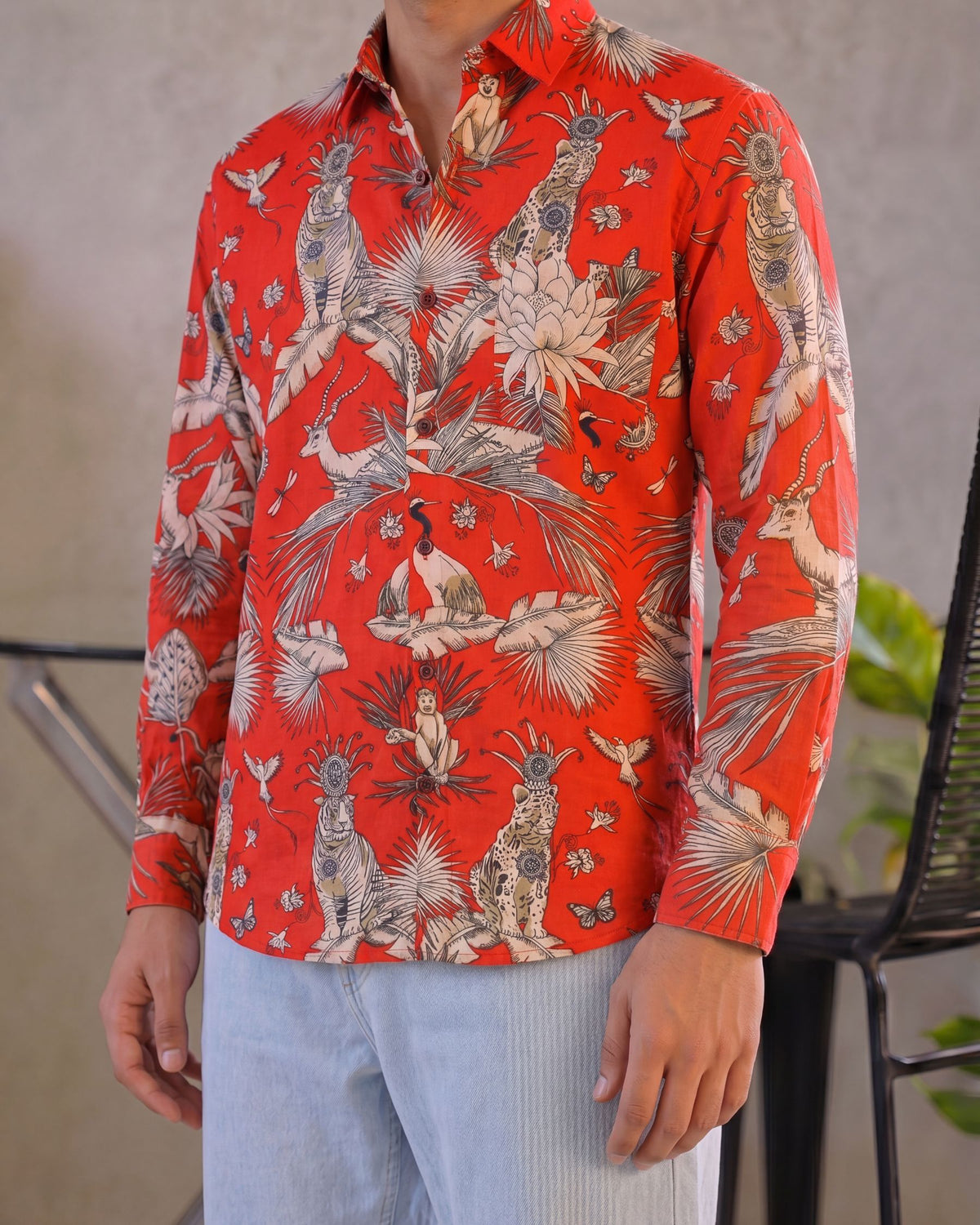 Crimson Jungle – Printed Cotton Full Sleeve Shirt