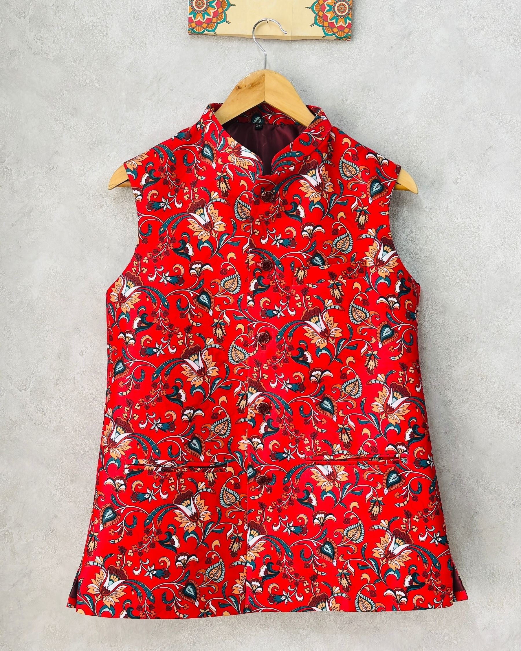 Red printed nehru jackets for men modi koti by jaipuricrown 