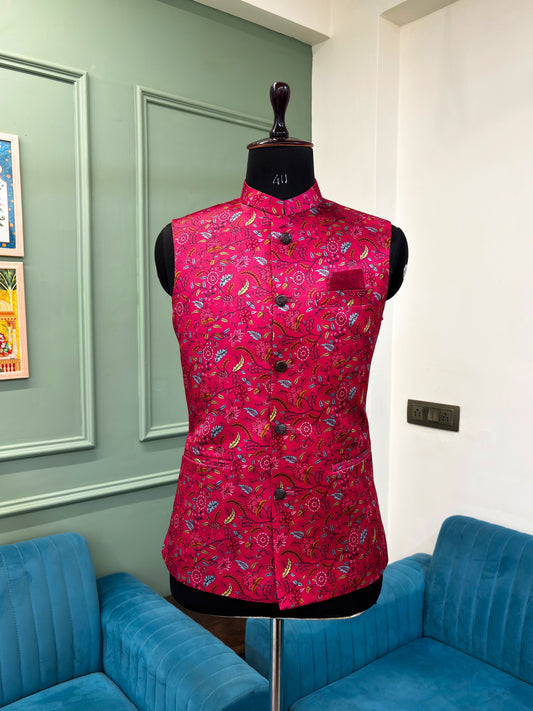 Men Deep Pink Printed Nehru Jacket