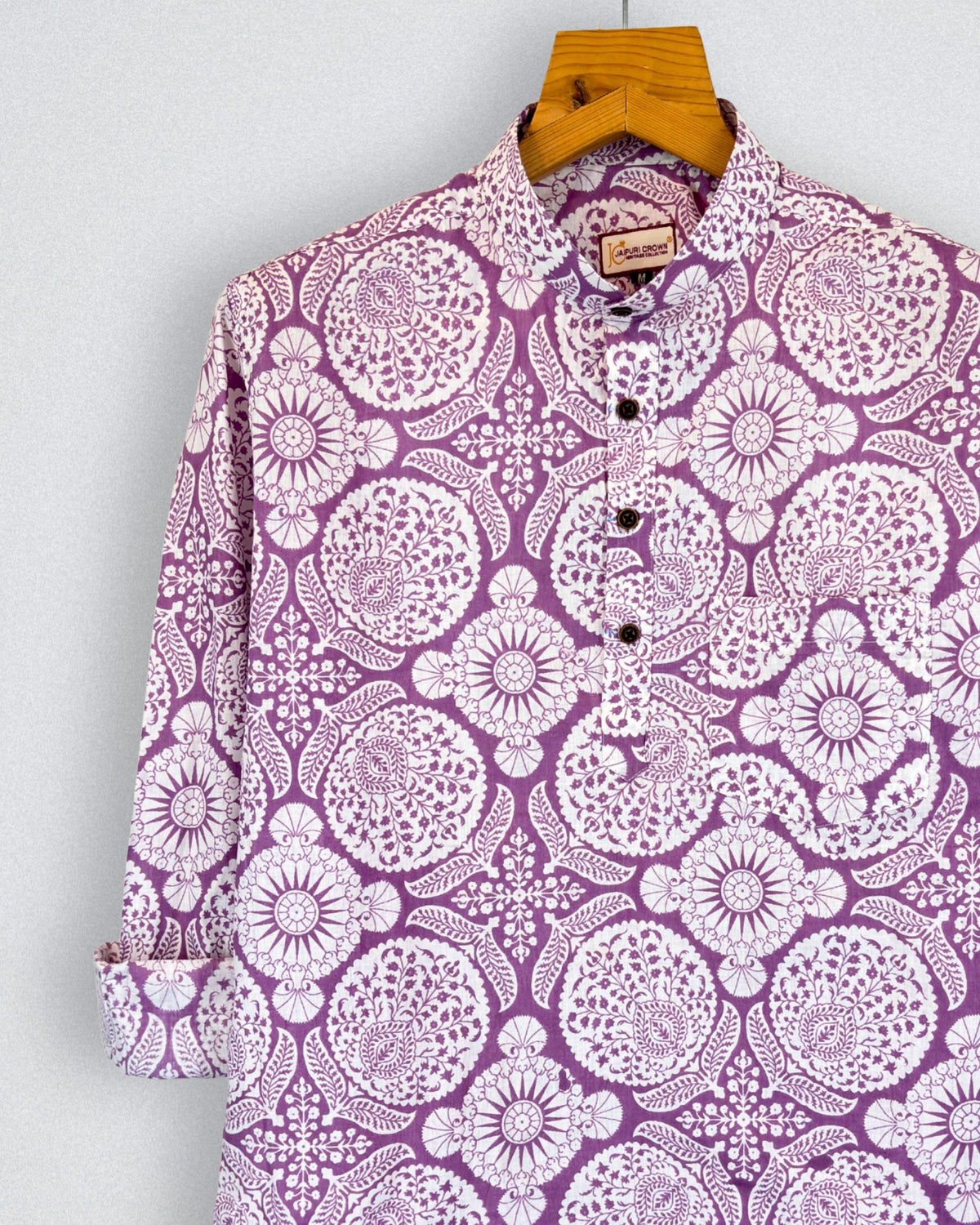 Floral Harmony – Printed Cotton Short Kurta in Purple & White