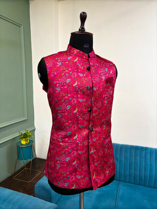 Men Deep Pink Printed Nehru Jacket