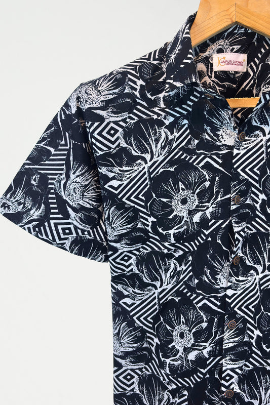 Monochrome Bloom – Half Sleeve Cotton Shirt