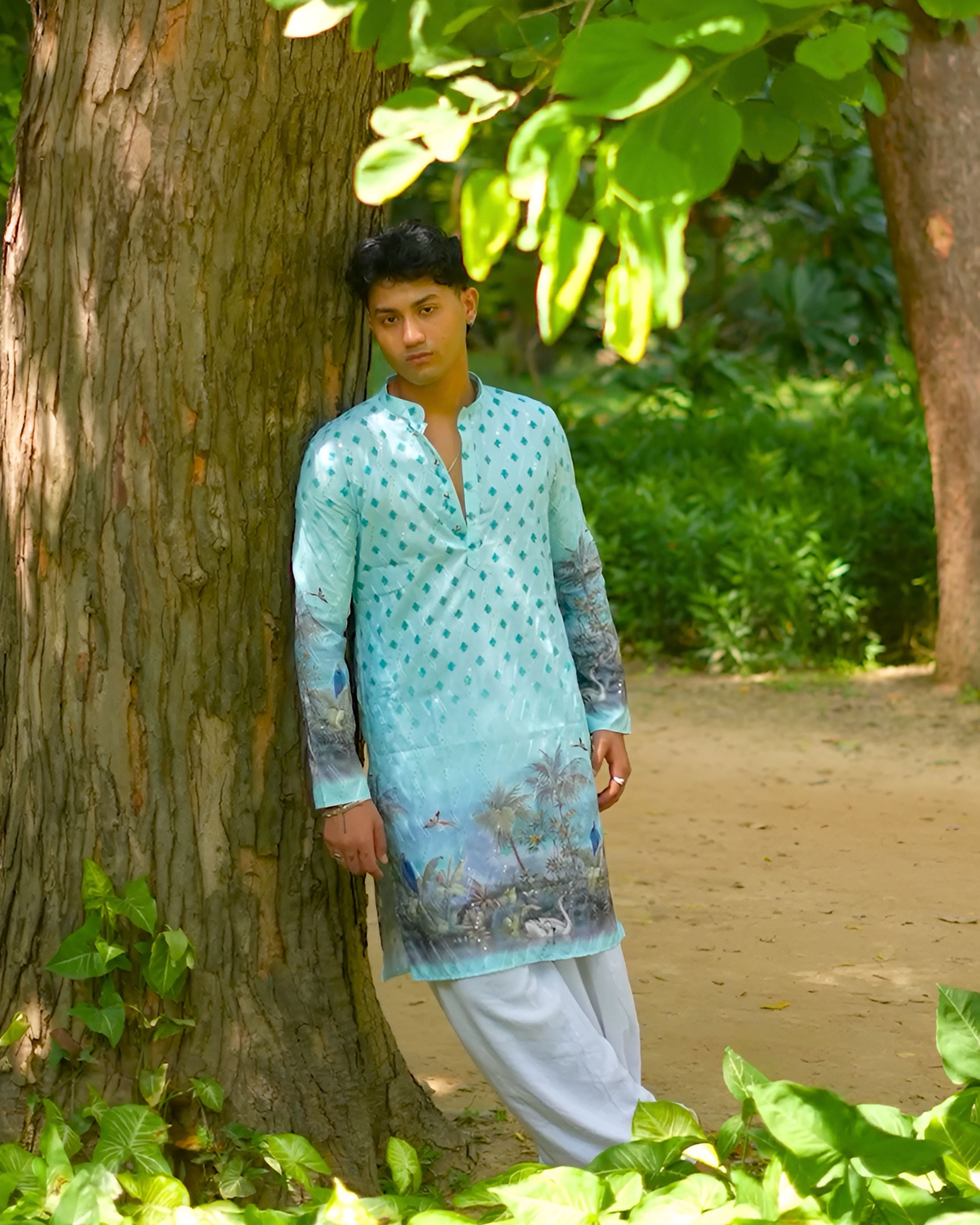 Tropical Mist – Aqua Blue Printed Long Kurta for Men