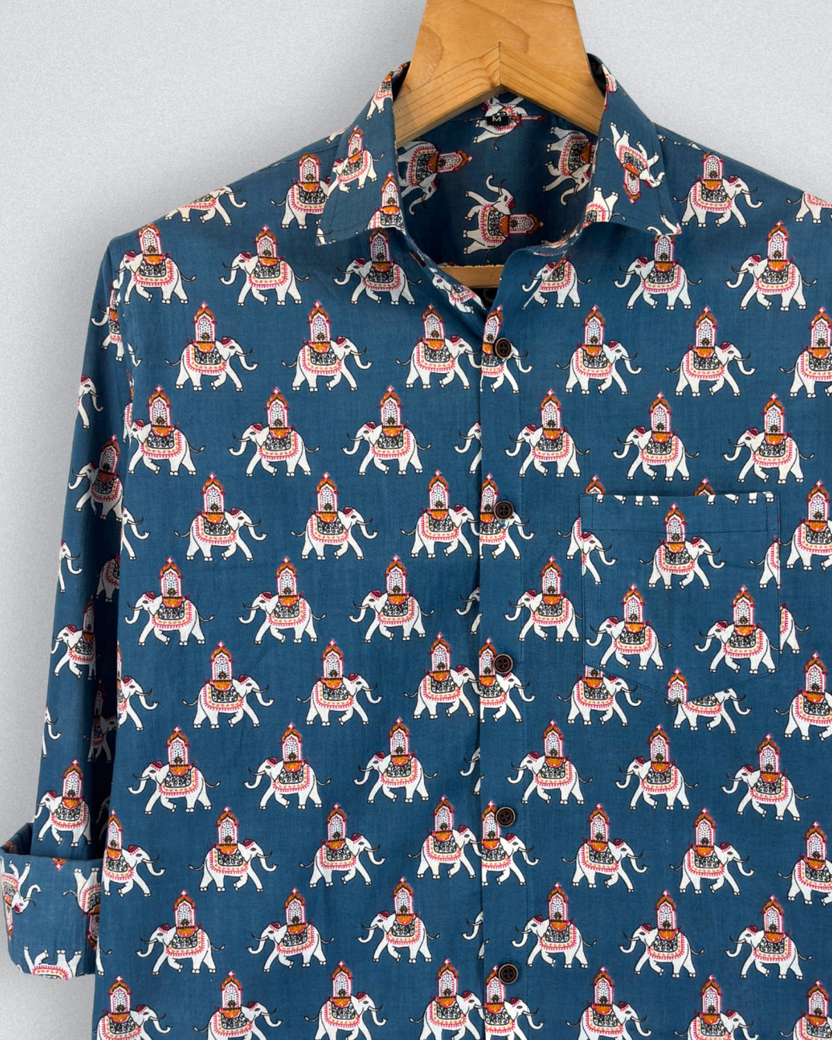 Equestrian Elegance – Full Sleeve Cotton Shirt in Blue & Cream