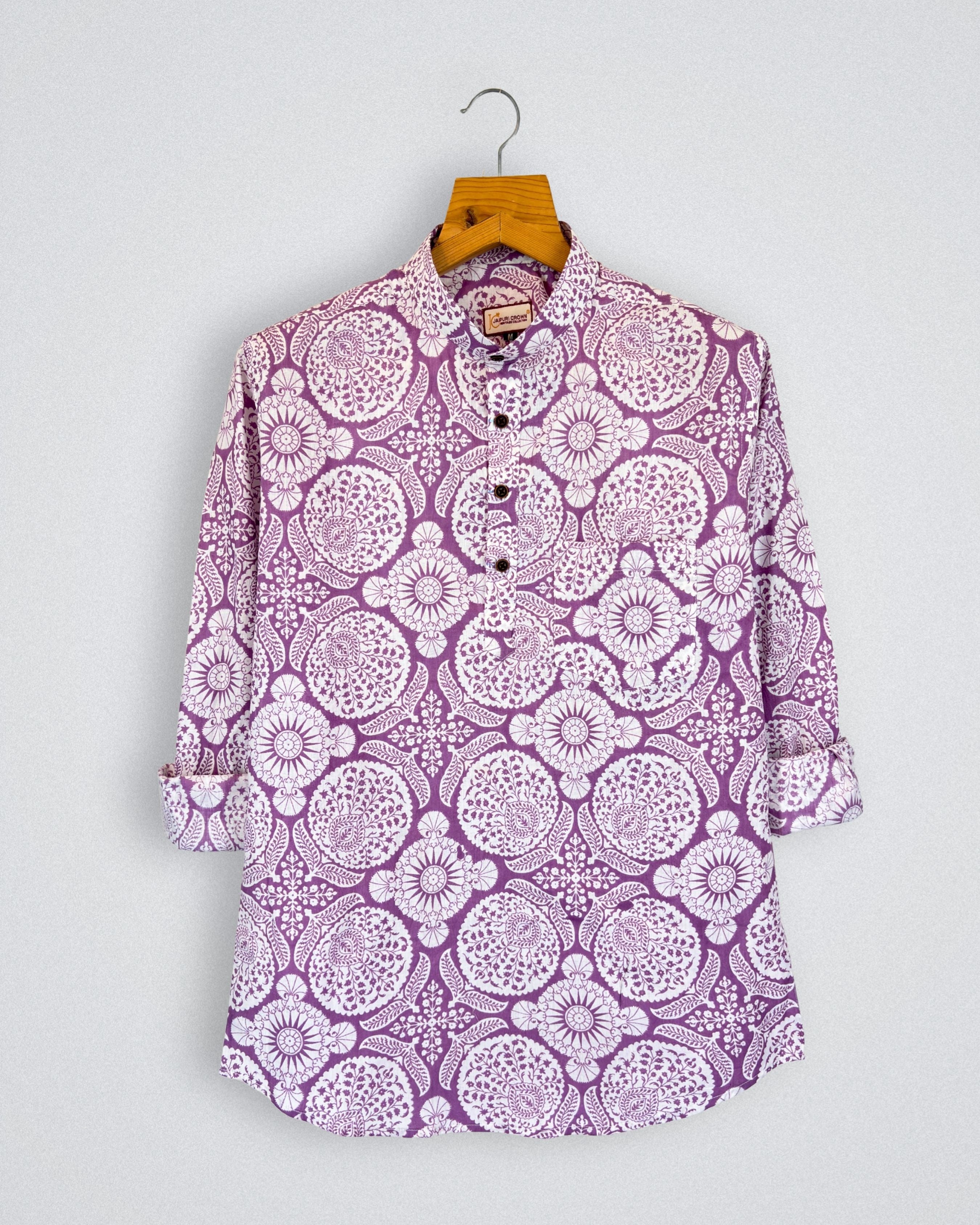Floral Harmony – Printed Cotton Short Kurta in Purple & White