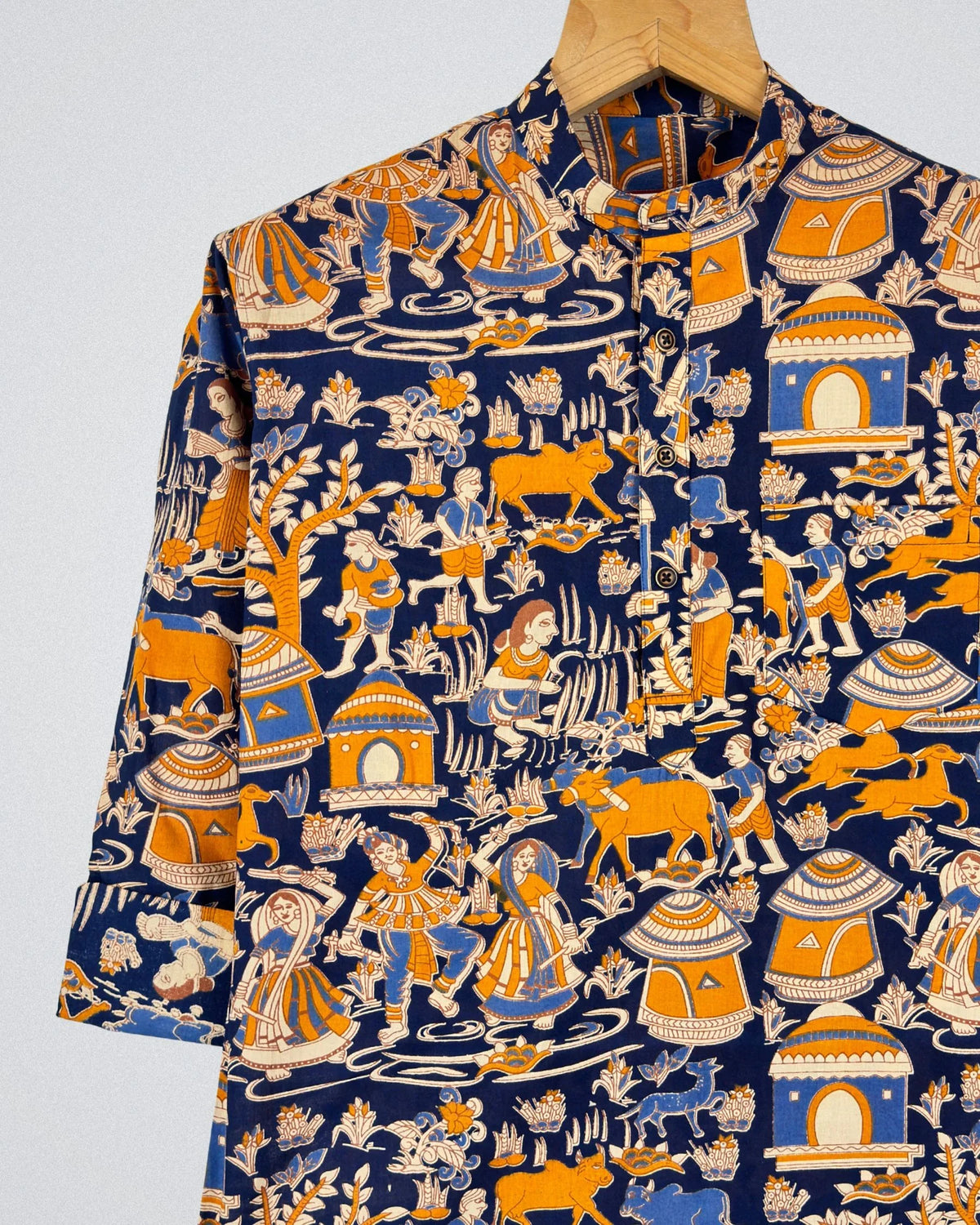 Navy Charm – Printed Cotton Short Kurta