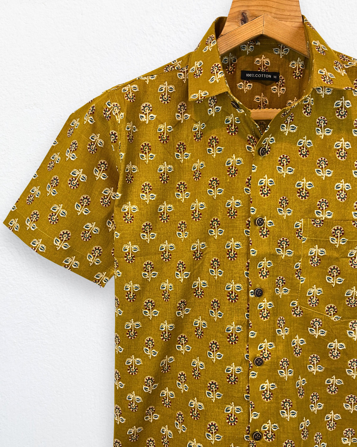 Aabroo Mustard Floral – Half Sleeve Cotton Shirt