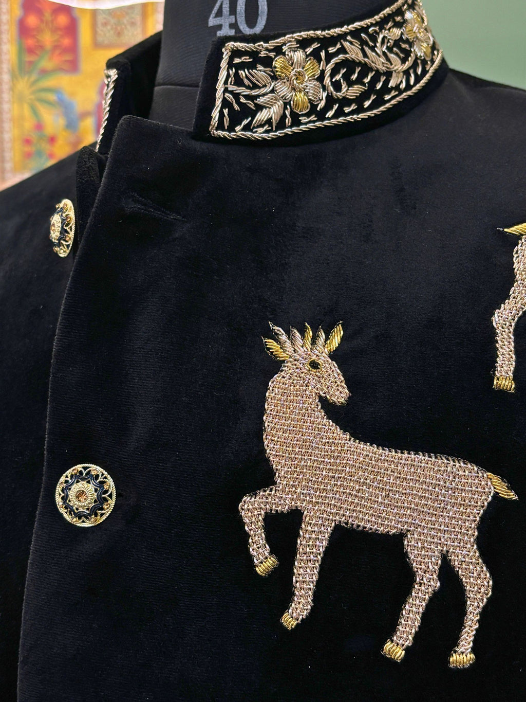 Royal Black Velvet Deer Embroidered Jodhpuri Bandhgala