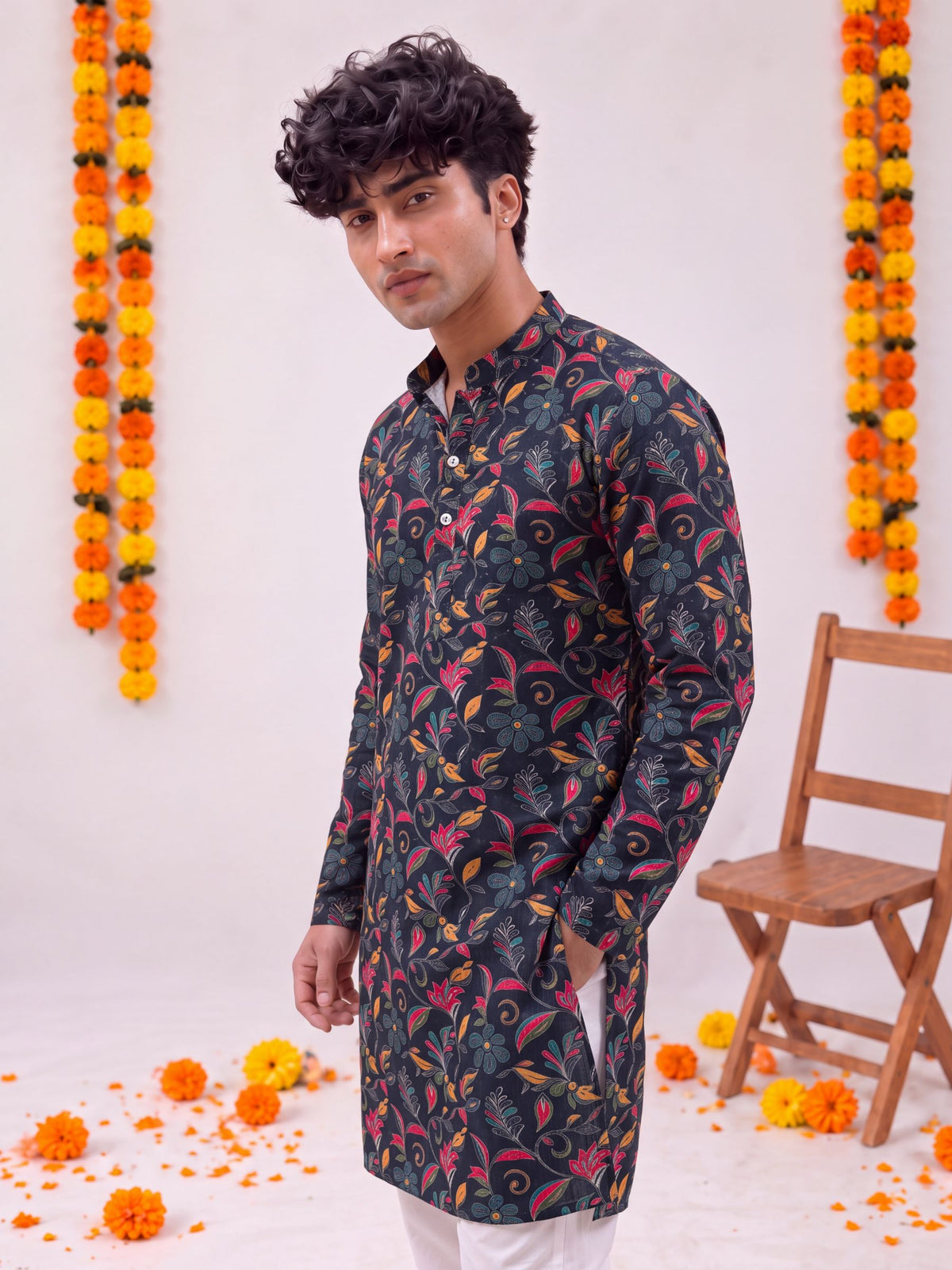 Black Floral Jaal – Printed Long Kurta