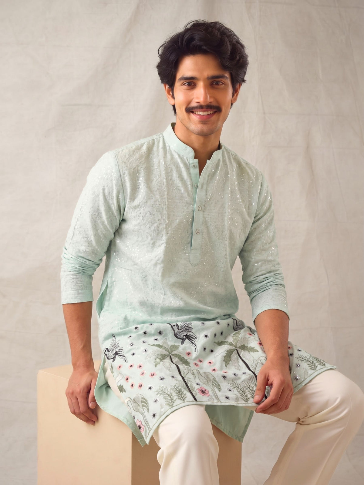 Men’s Heavy Designer Long Kurta – Auqa Zari work