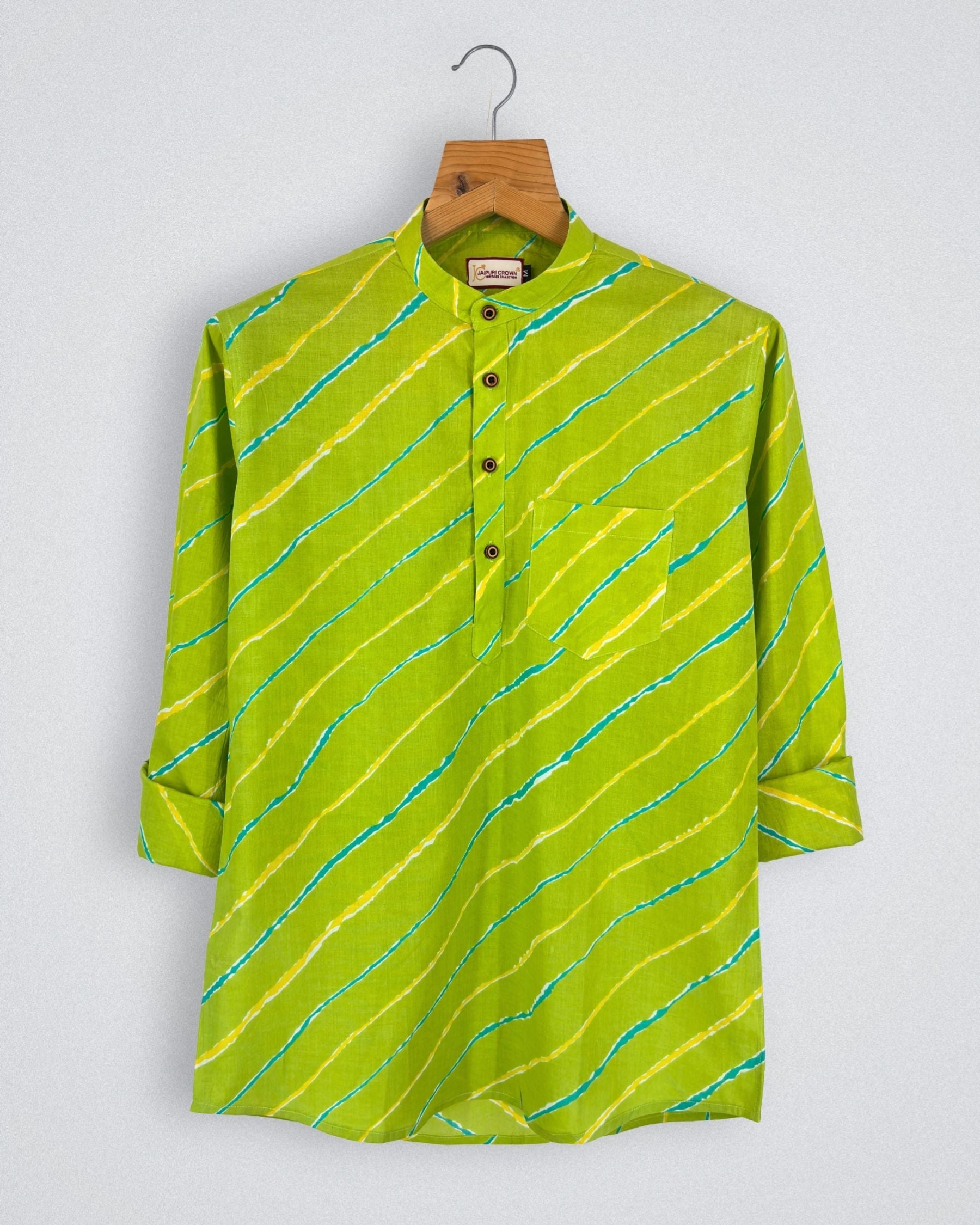 Wave Dance – Printed Cotton Short Kurta in Green & Yellow