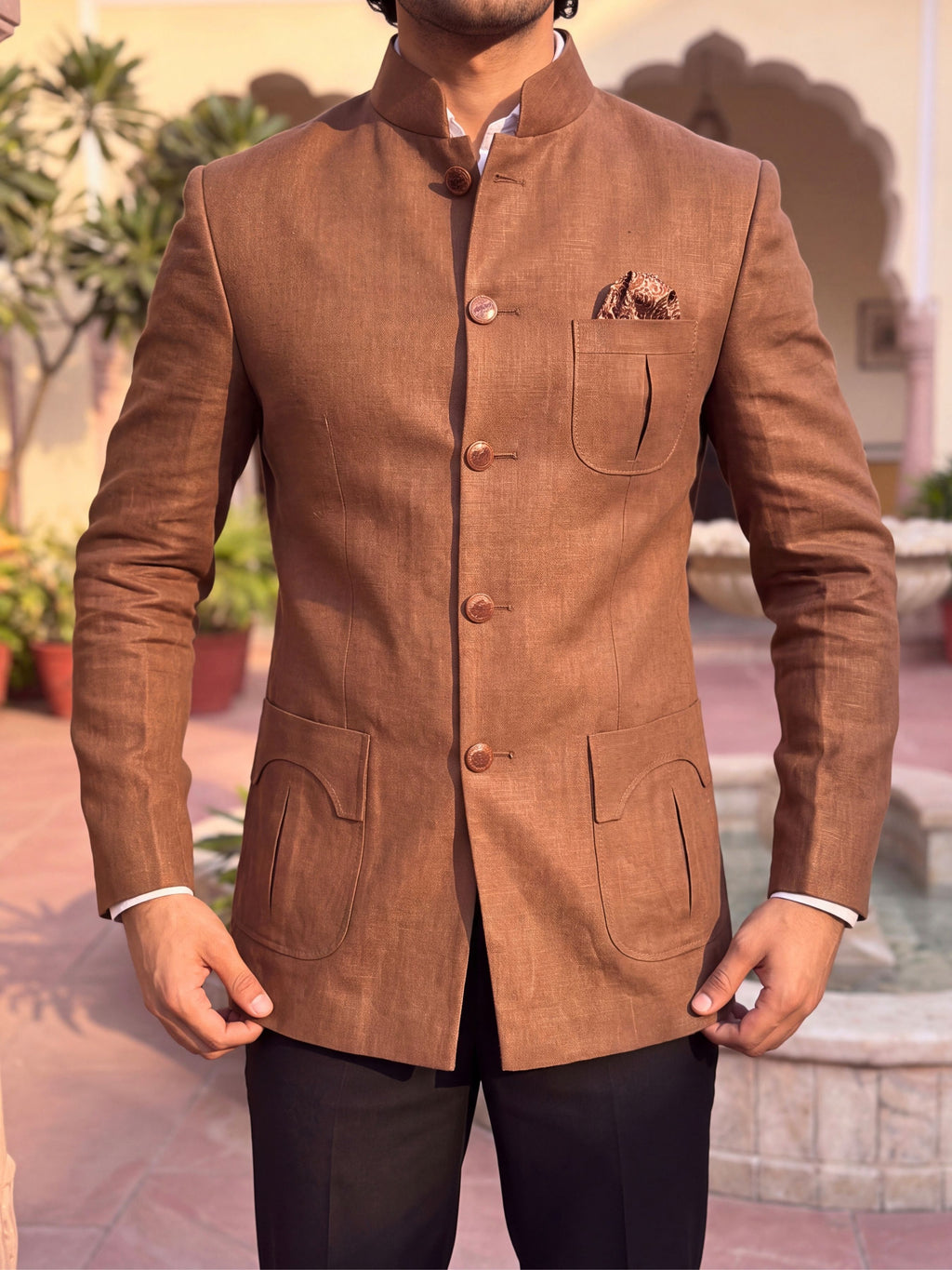 Linen Jodhpuri Bandhgala - Rich brown