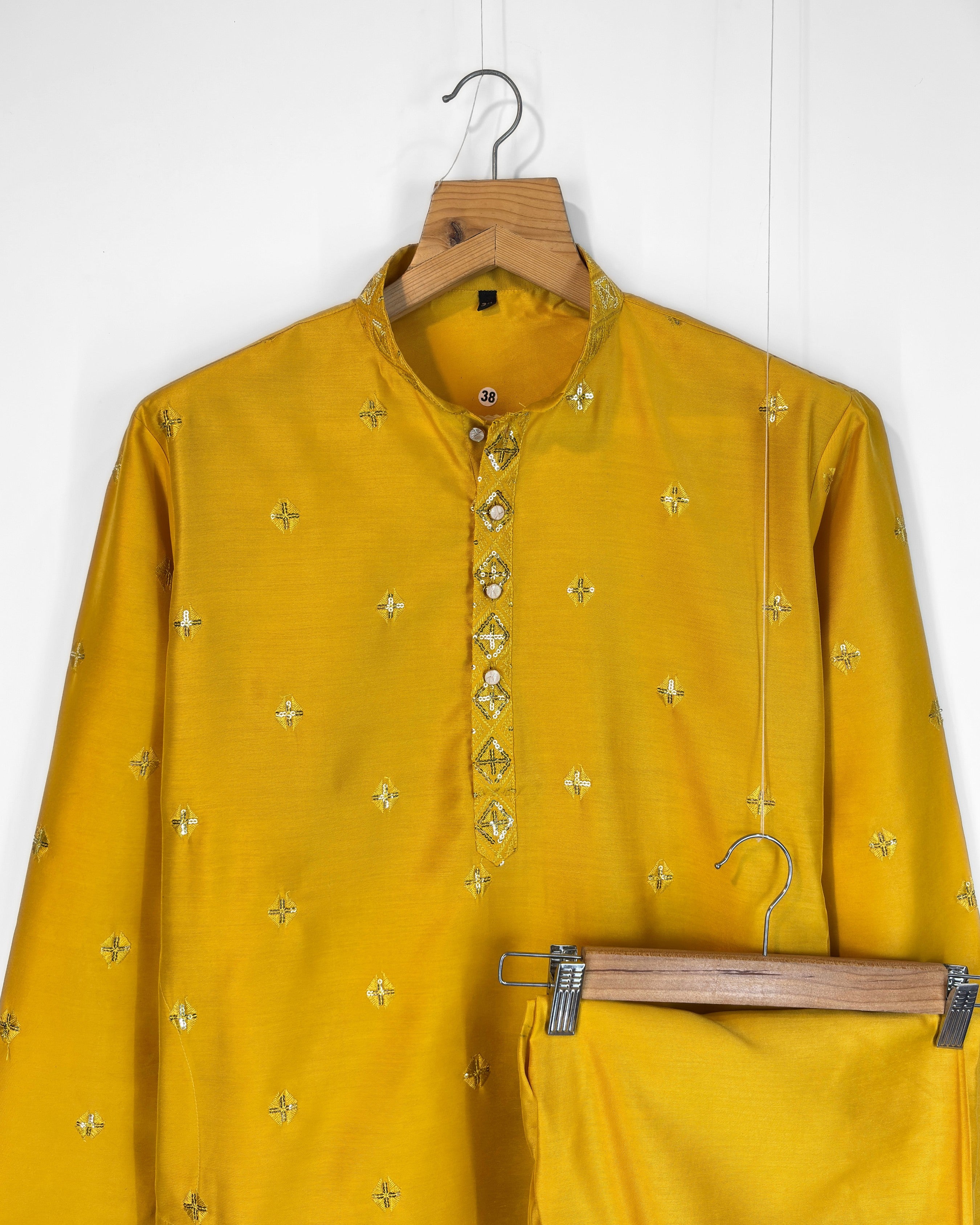 Men’s Heavy Designer Long Kurta Pajama – Mustard Embroidered