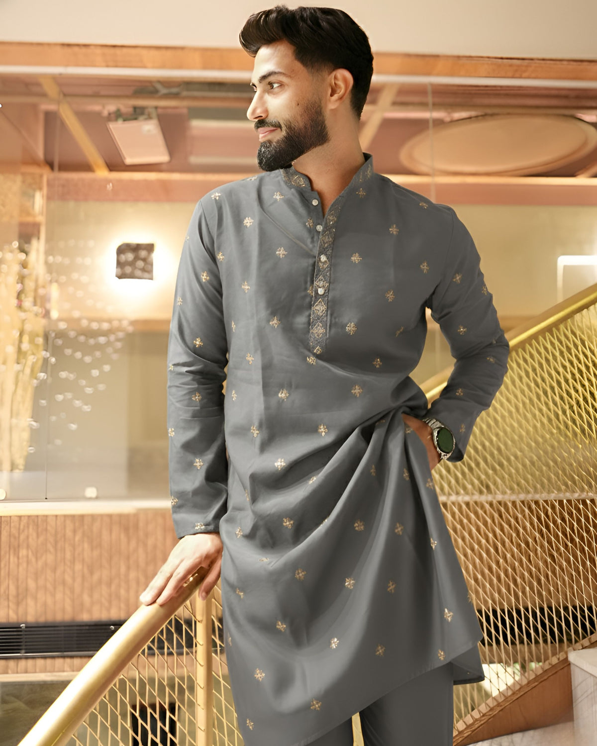 Men’s Heavy Designer Long Kurta Pajama – Grey Embroidered