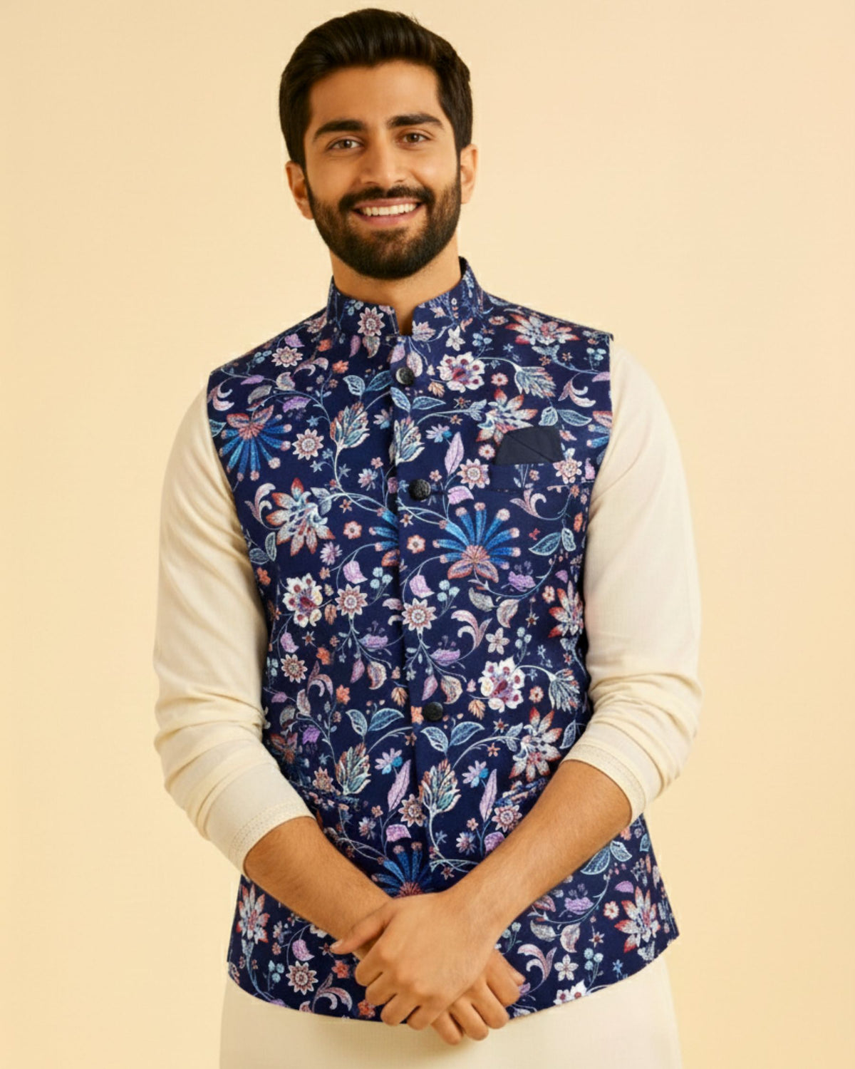 Men Navy Blue Printed Nehru Jacket