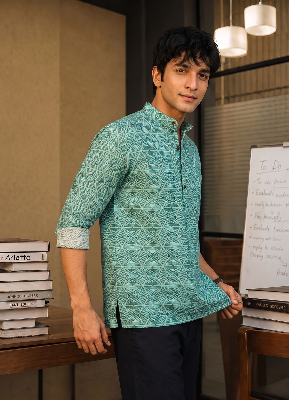 Azure Geometry – Men's Printed Cotton Short Kurta