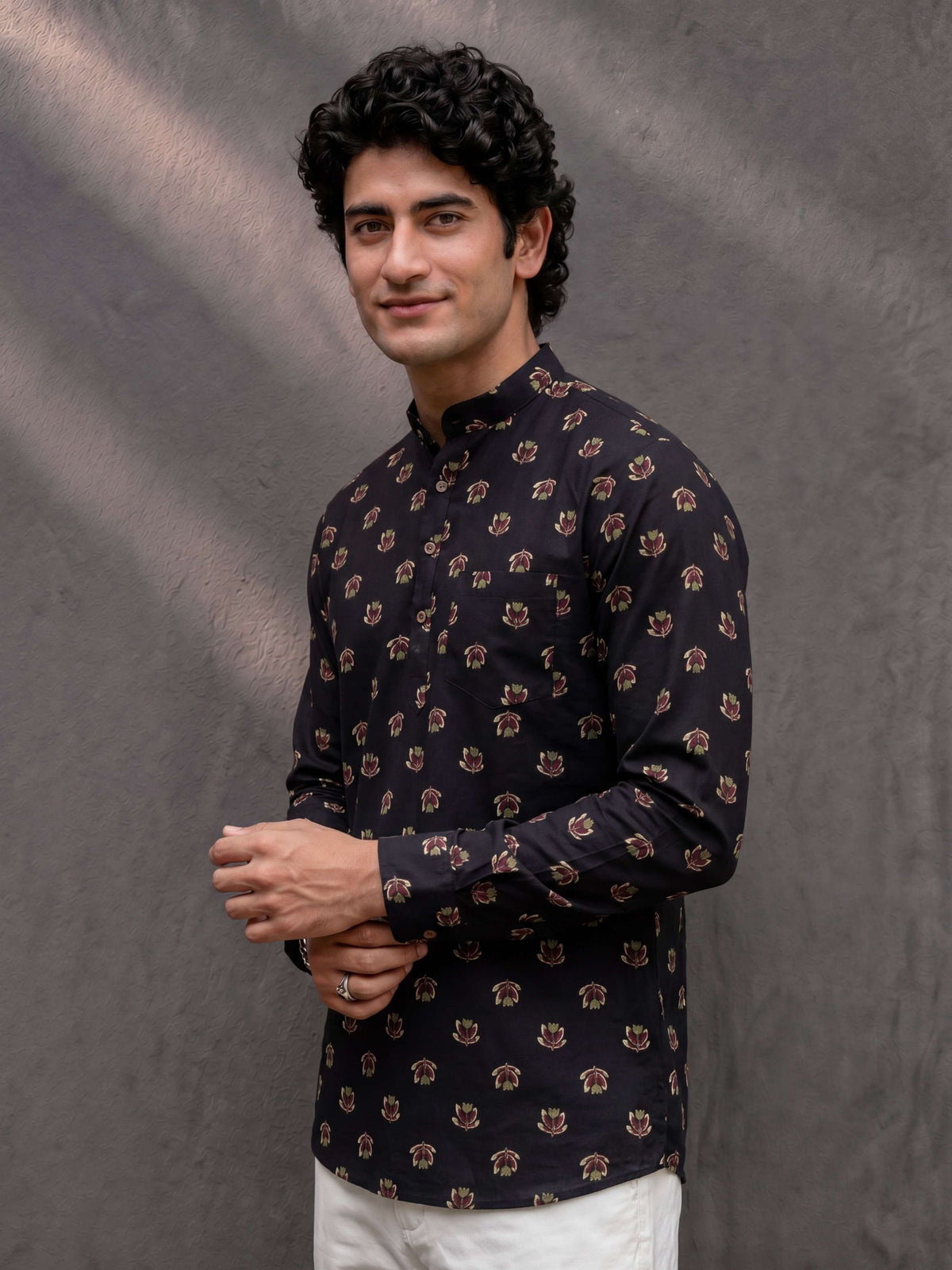 Lotus Blossom – Men's Printed Cotton Short Kurta