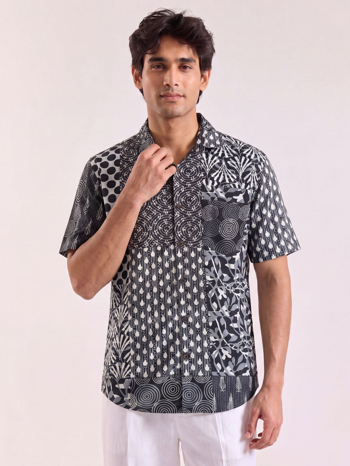 Monochrome Magic – Printed Cotton Half Sleeve Shirt