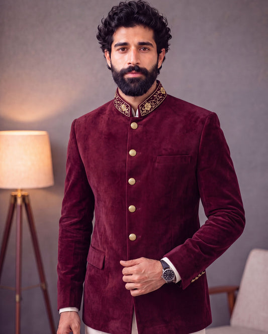 Jodhpuri Bandhgala - Velvet Maroon 2700
