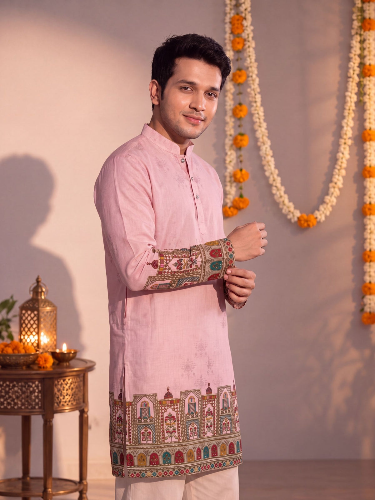 Pink Daman Work – Textured Printed Long Kurta