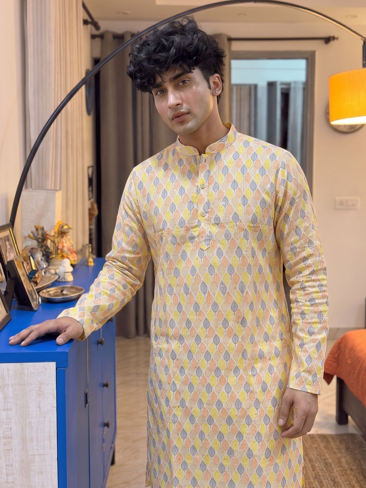 Stylish Printed Long Kurta in Soft Yellow