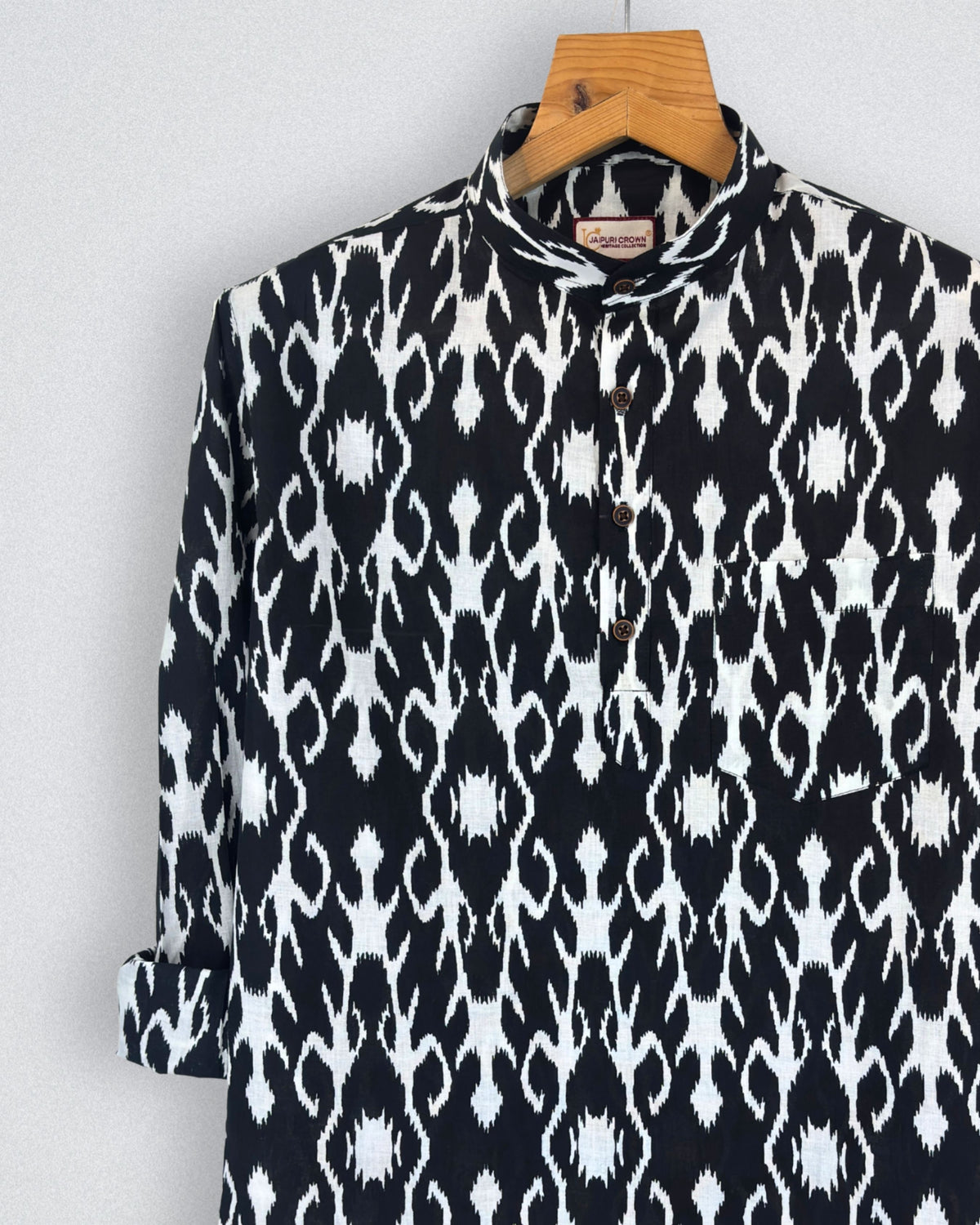 Ikat Elegance – Black & White Printed Cotton Short Kurta