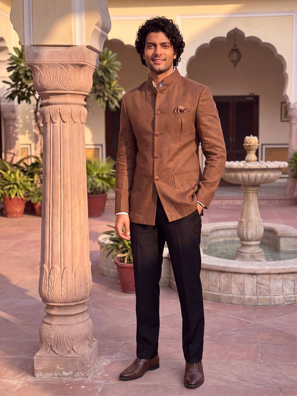 Linen Jodhpuri Bandhgala - Rich brown