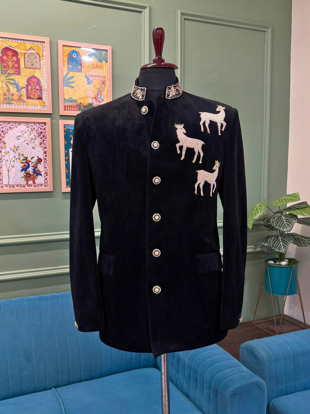 Royal Black Velvet Deer Embroidered Jodhpuri Bandhgala