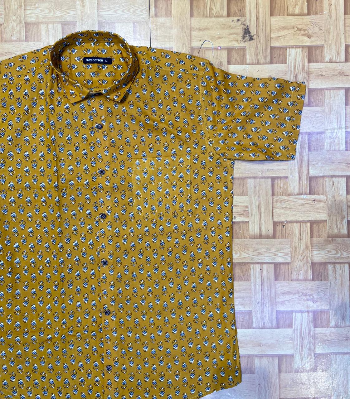 Golden Blooms – Printed Cotton Half Sleeve Shirt
