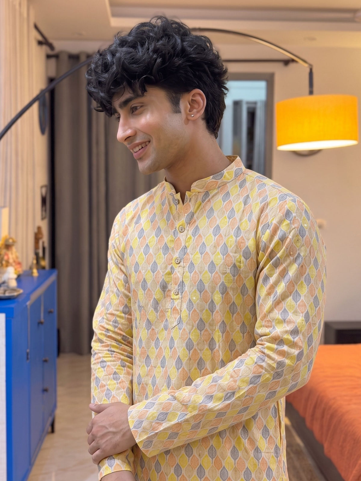 Stylish Printed Long Kurta in Soft Yellow