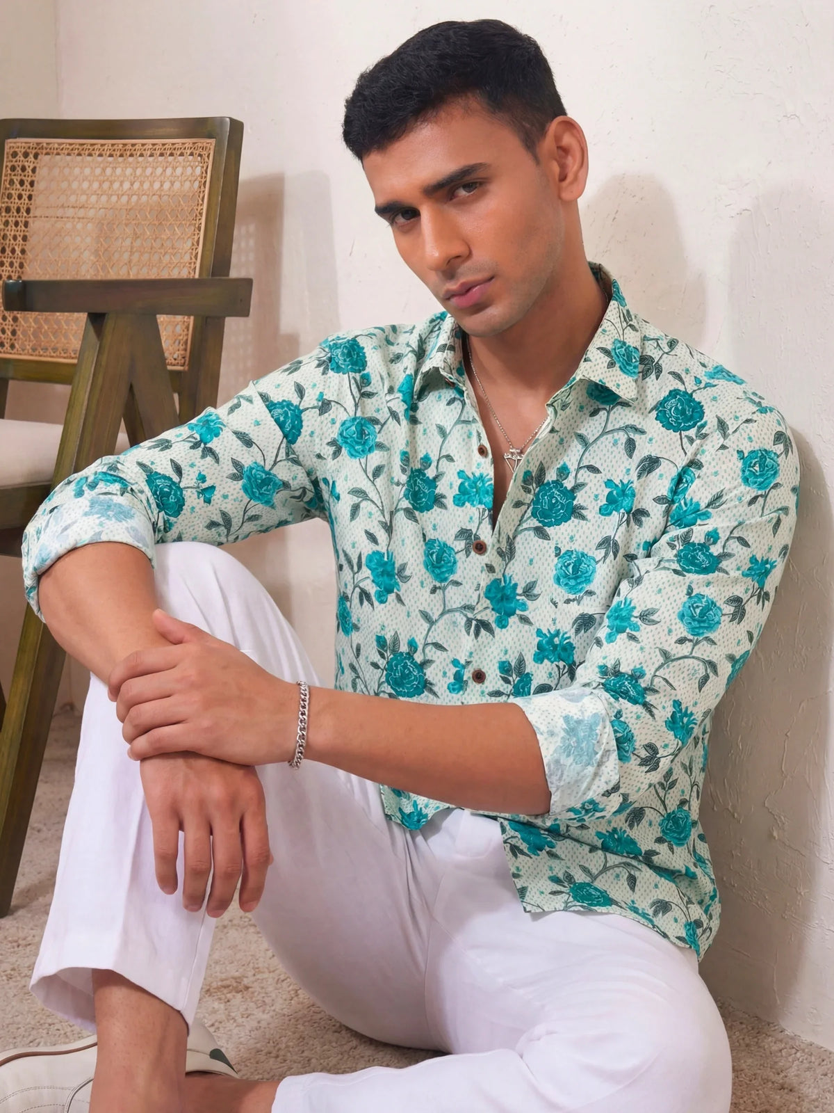 Floral Harmony – Printed Cotton Full Sleeve in Aqua & White