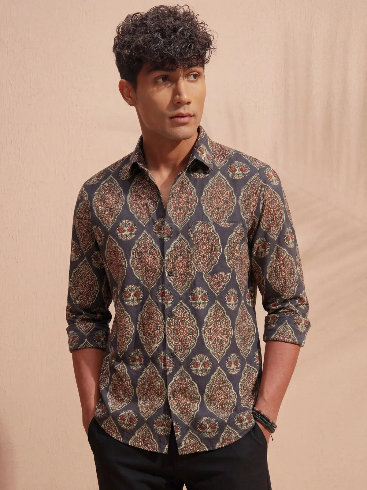 Heritage Charm – Printed Cotton Full Sleeve in Navy & Red