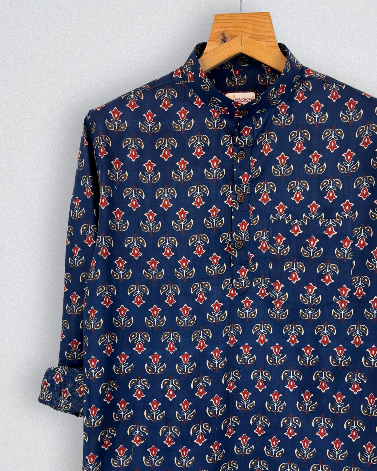 Navy Bloom – Printed Cotton Short Kurta