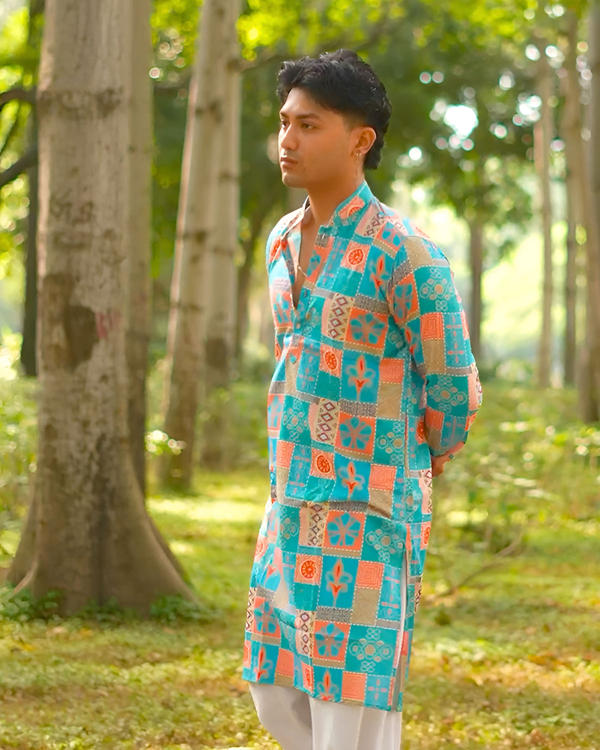 Turquoise Patchwork Men's Long Kurta with Zari Work