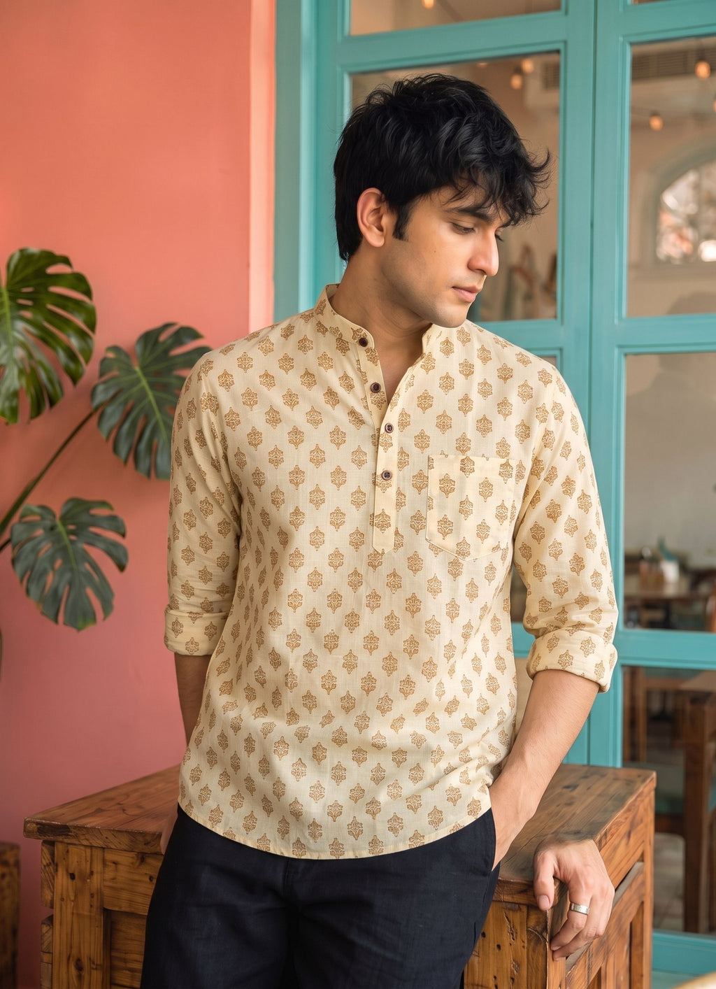 Golden Leaf – Printed Cotton Short Kurta