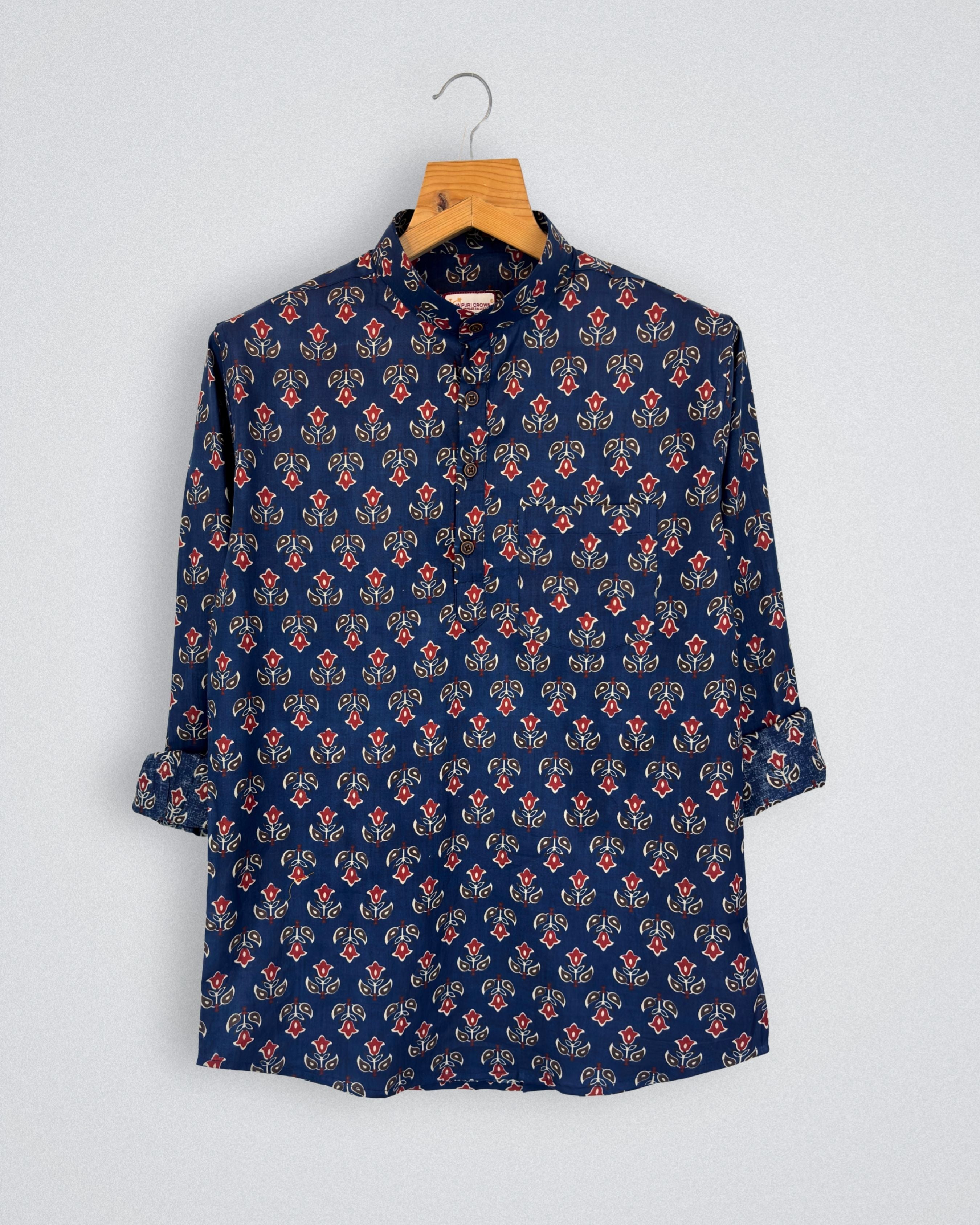 Navy Bloom – Printed Cotton Short Kurta