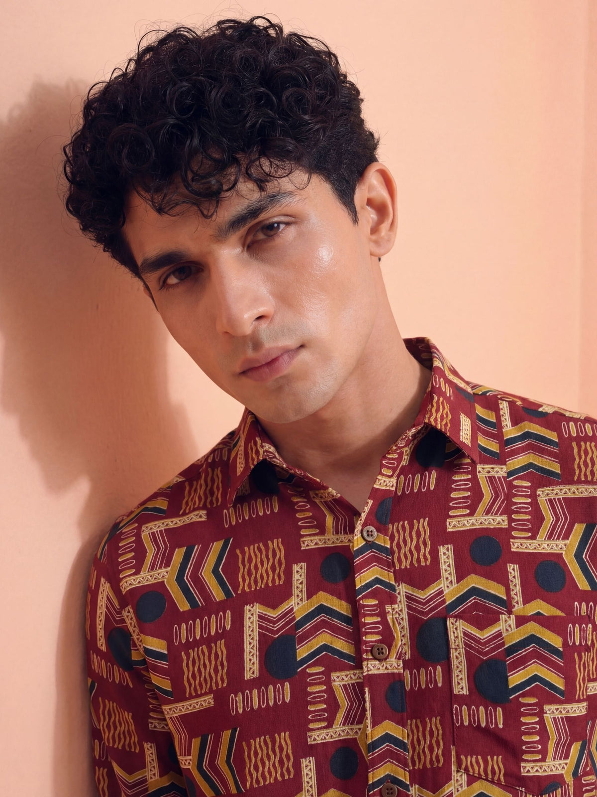 Geometric Harmony – Printed Cotton Full Sleeve in Burgundy