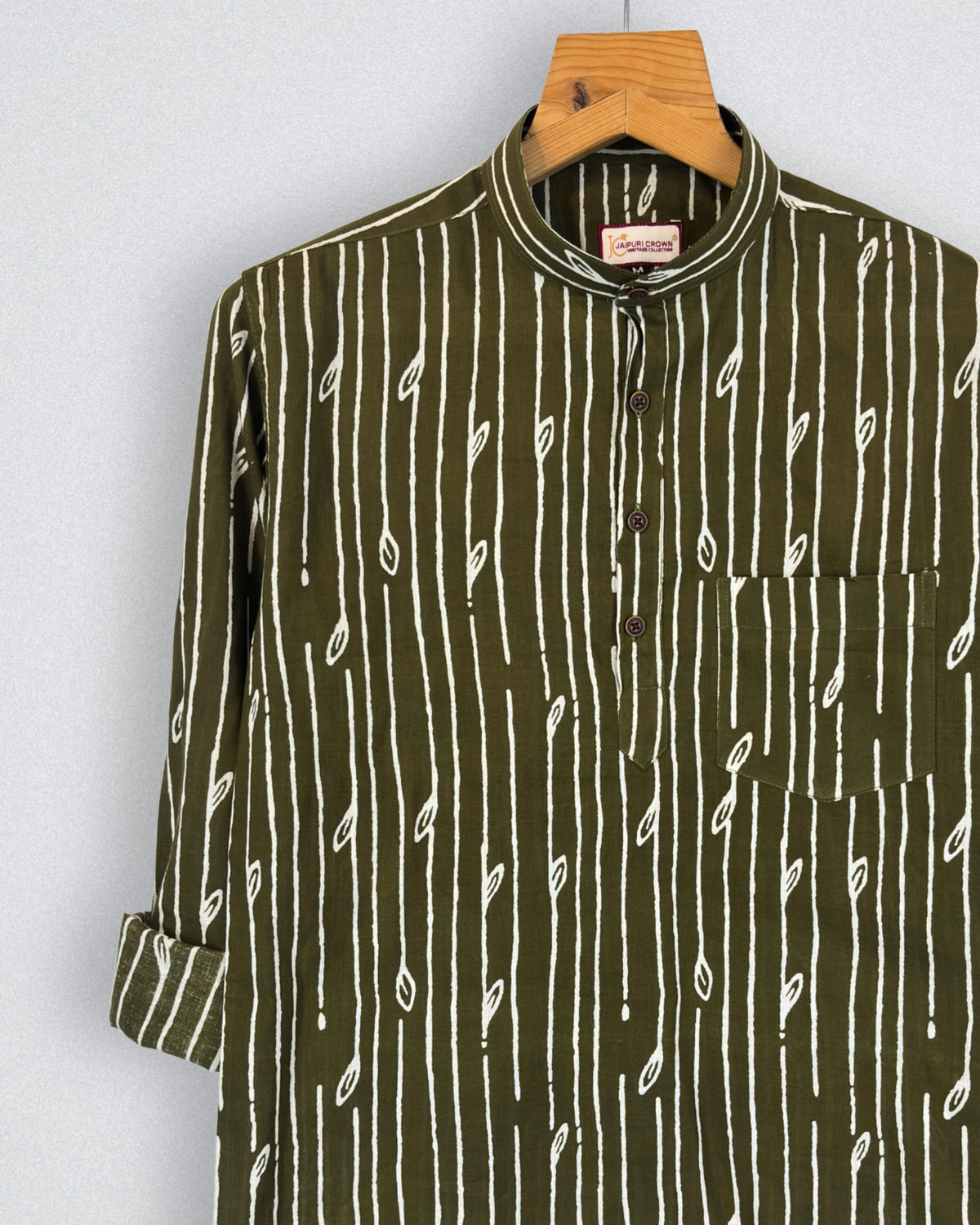 Leafy Elegance – Printed Cotton Short Kurta in Olive Green