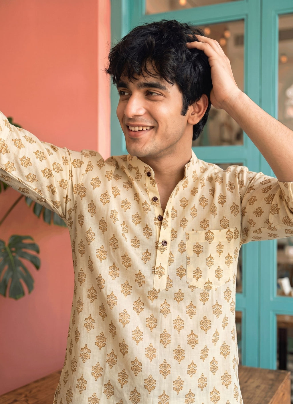 Golden Leaf – Printed Cotton Short Kurta
