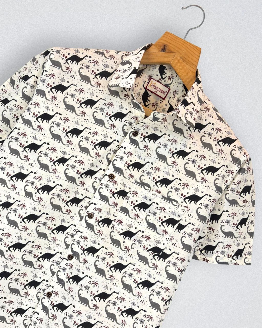 Dino Adventure – Printed Cotton Half Sleeve in Cream & Black
