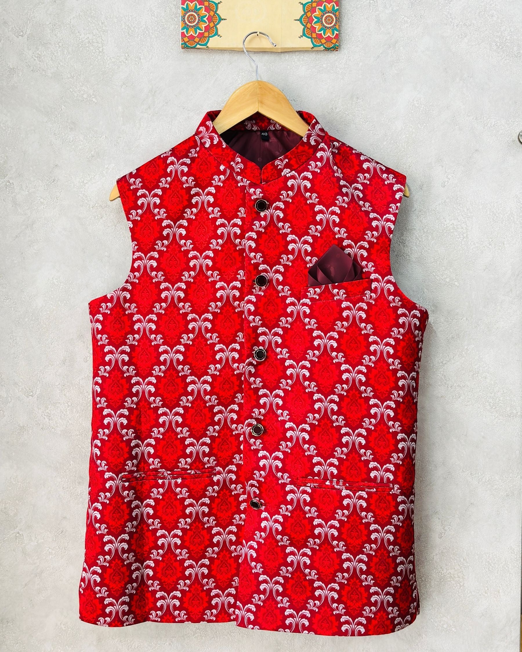 Red printed nehru jackets for men modi koti by jaipuricrown 