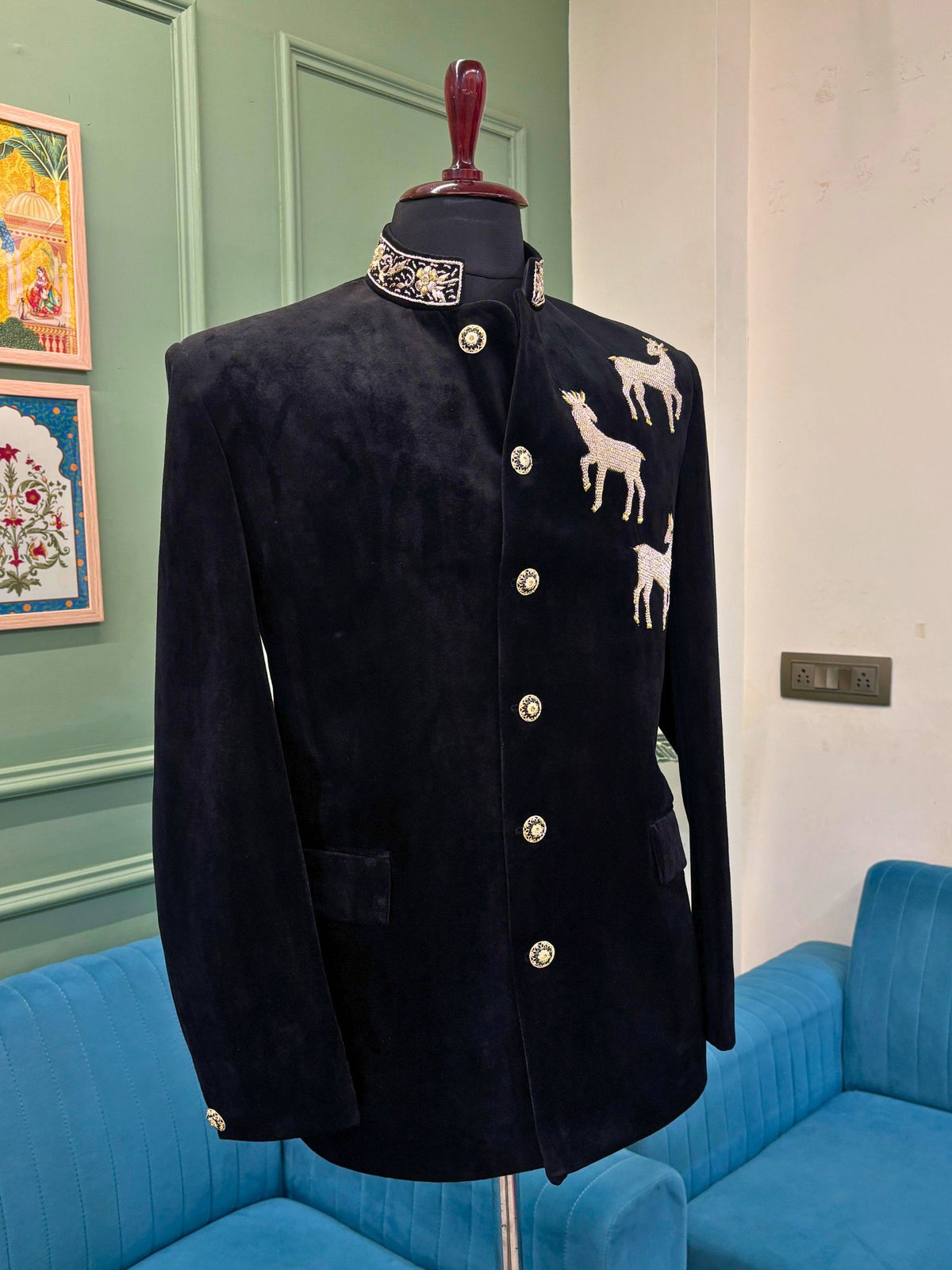 Royal Black Velvet Deer Embroidered Jodhpuri Bandhgala