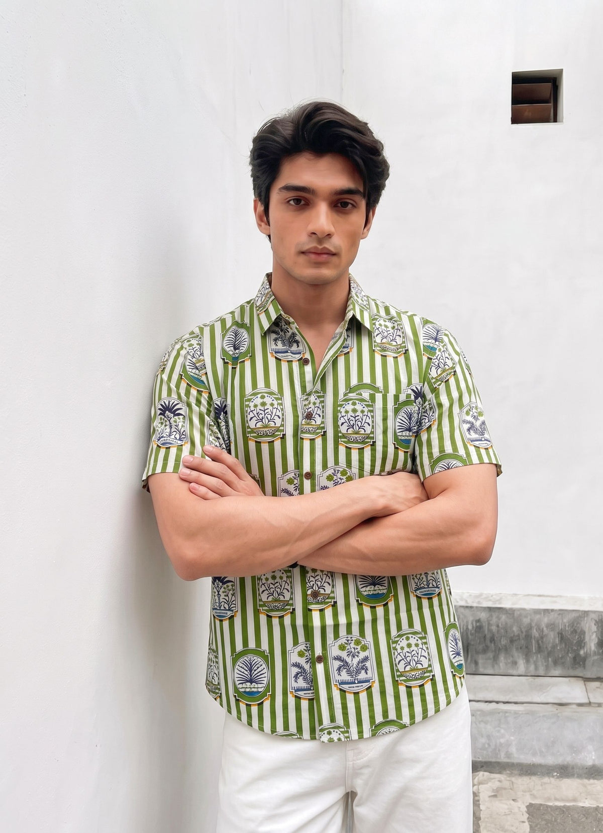 Green Elegance – Printed Cotton Half Sleeve Shirt