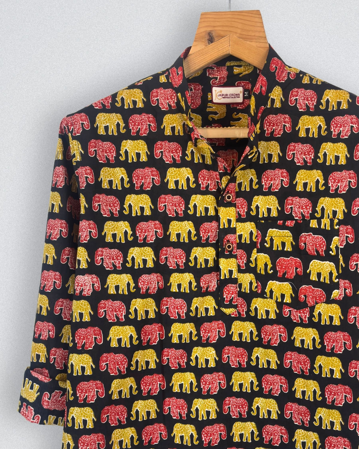 Vibrant Elephants – Cotton Short Kurta in Black & Yellow