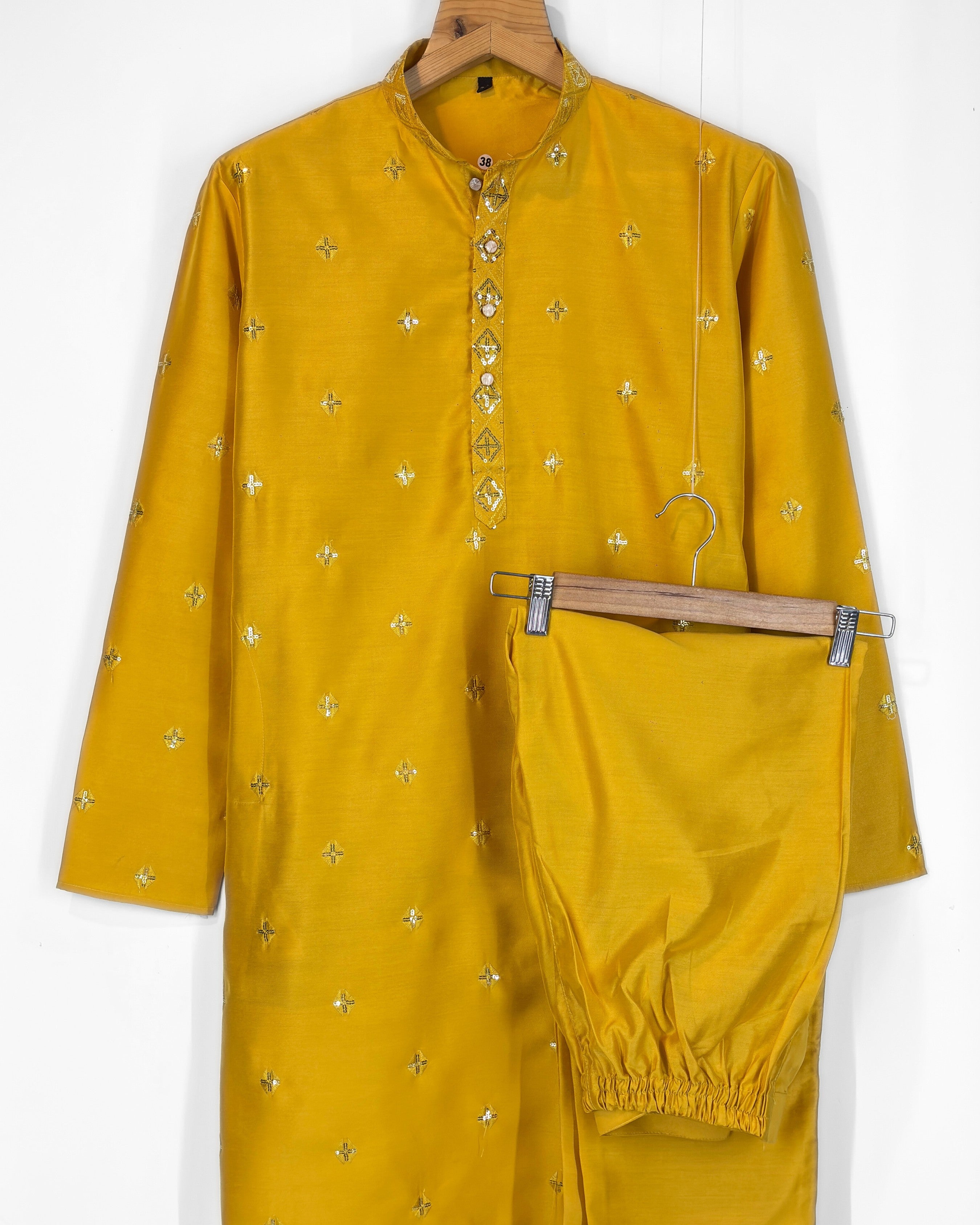 Men’s Heavy Designer Long Kurta Pajama – Mustard Embroidered