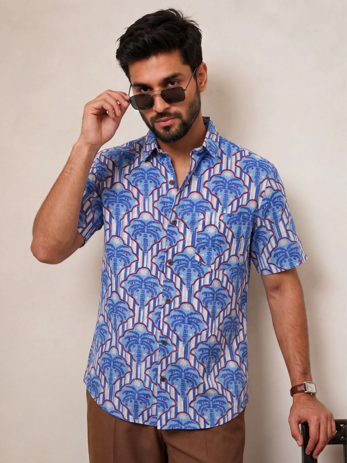 Royal Blue Blossom – Printed Cotton Half Sleeve Shirt