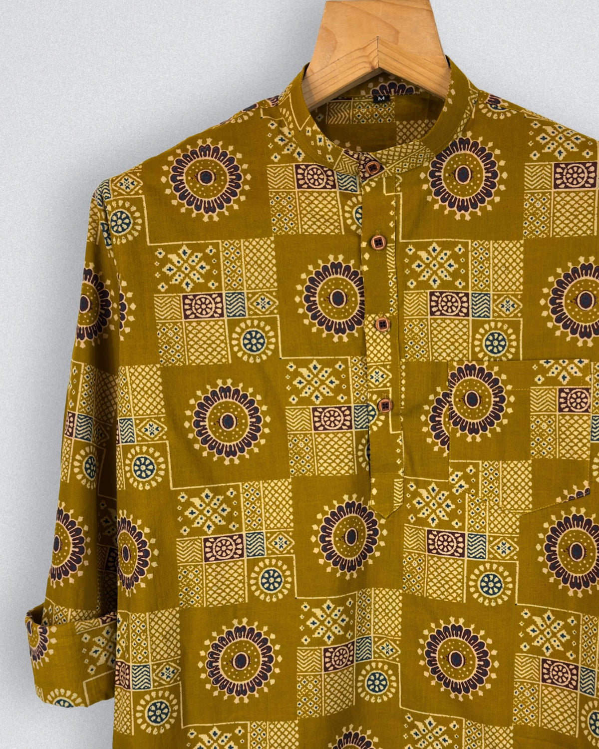 Floral Fusion – Printed Cotton Short Kurta in Mustard