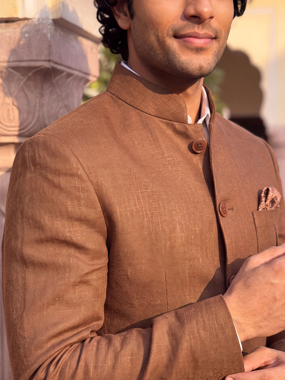 Linen Jodhpuri Bandhgala - Rich brown