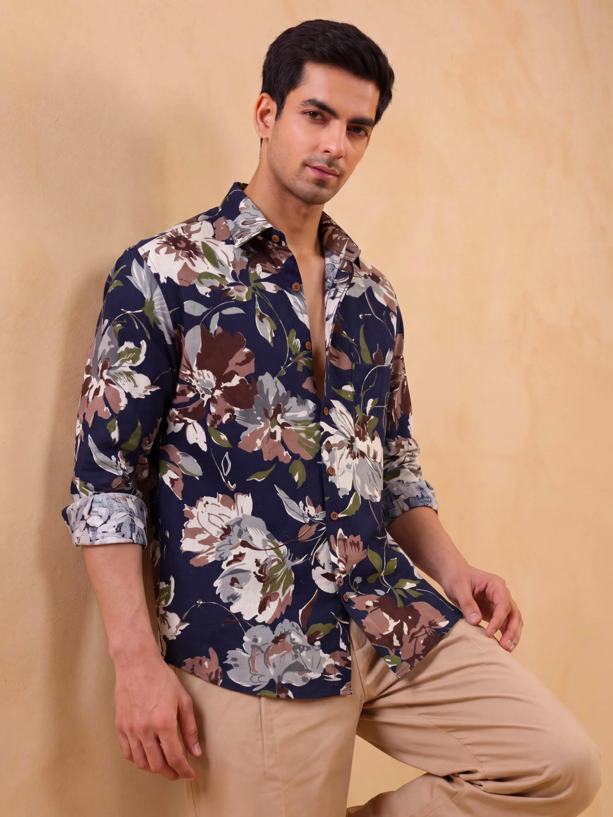 Navy Bloom – Printed Cotton Full Sleeve Shirt