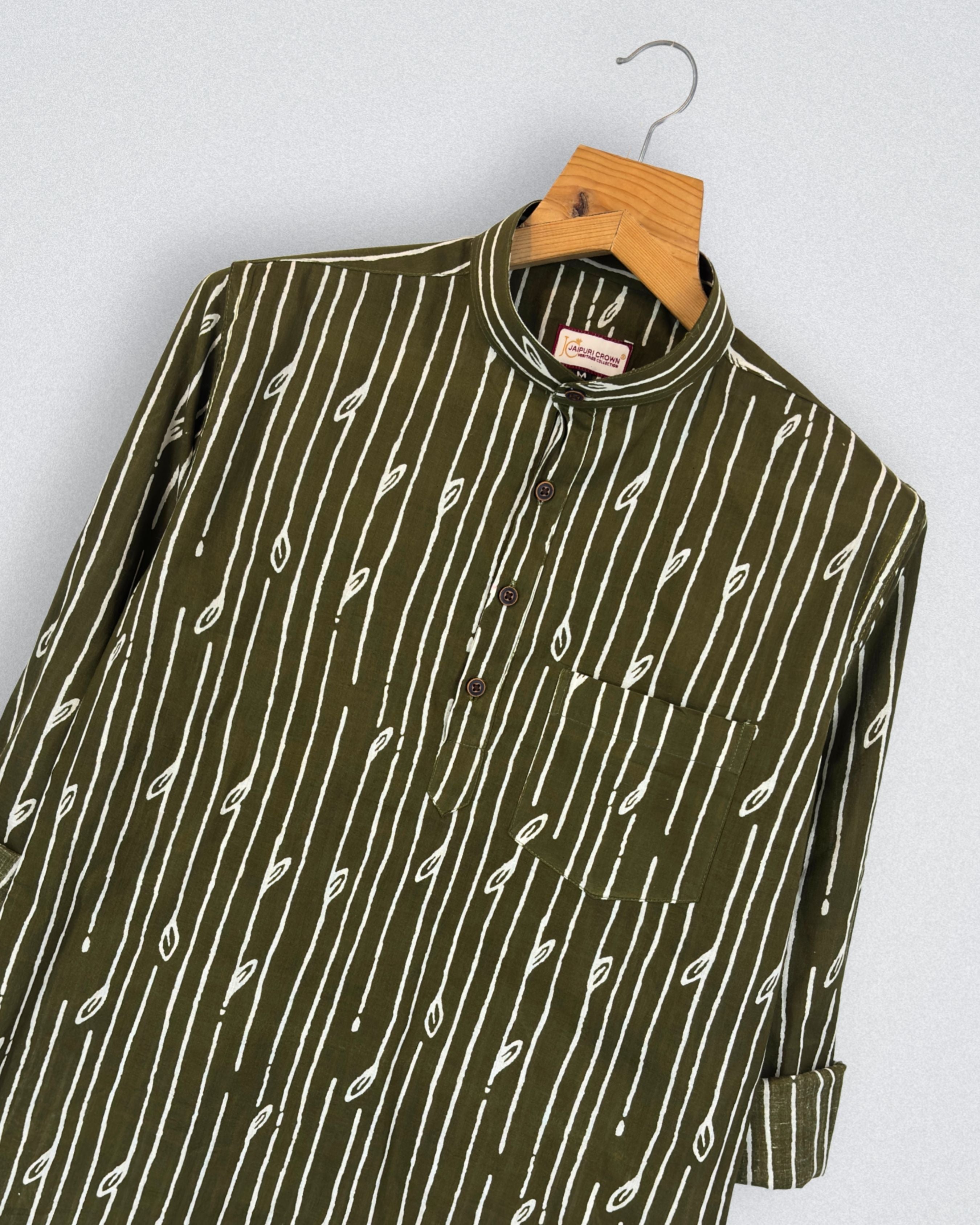 Leafy Elegance – Printed Cotton Short Kurta in Olive Green
